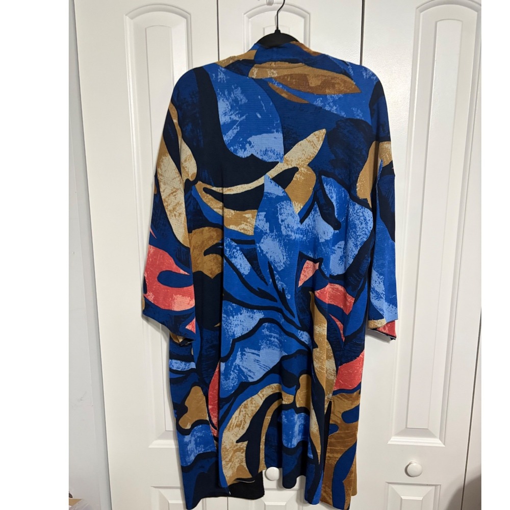 Chico's Travelers Kimono Cardigan Abstract Blue Gold Open Front XL 3 Art To Wear - Picture 6 of 6